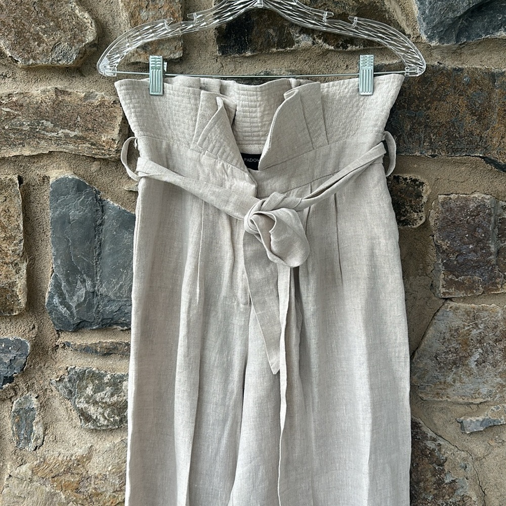 Padova Linen High Waist Paperbag Pleated Wide-Leg Pants in Beige Size 8 - Picture 5 of 10